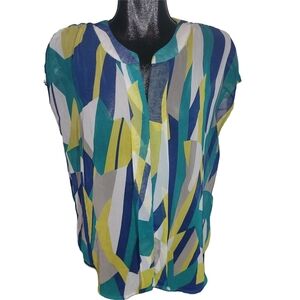 Cleo Colorful Geometric Short Sleeve Semi-sheer Top L